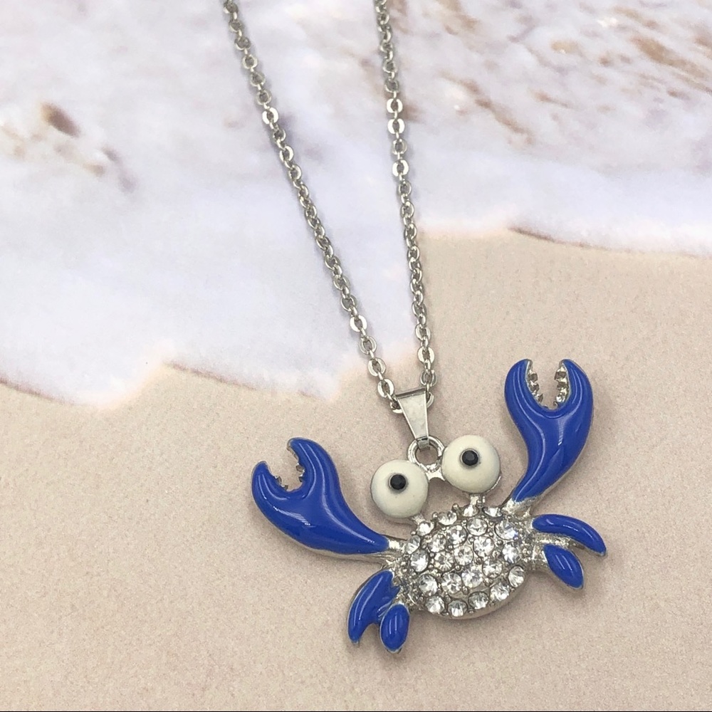 🌼 Crazy Blue Crab Rhinestone Dainty Silver Necklace